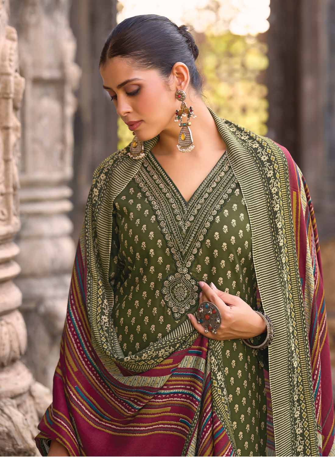 Green Party Wear Pashmina Unstitched Winter Salwar Suit Dress Material