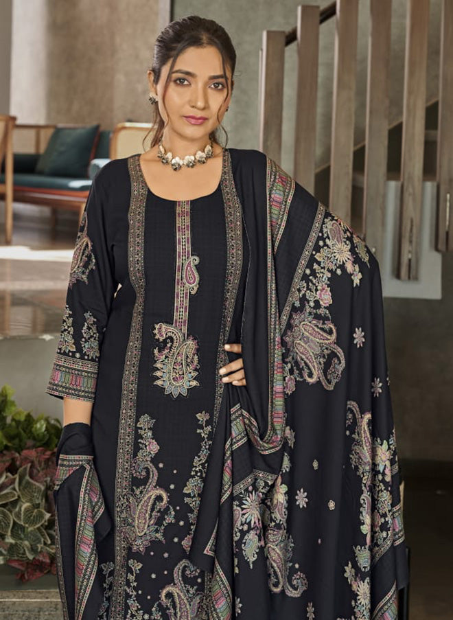 Black Viscose Pashmina Unstitched Winter Suit Material with Neck Embroidery