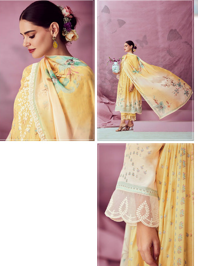 Kimora Pure Muslin Yellow Unstitched Suit Dress Material with Embroidery