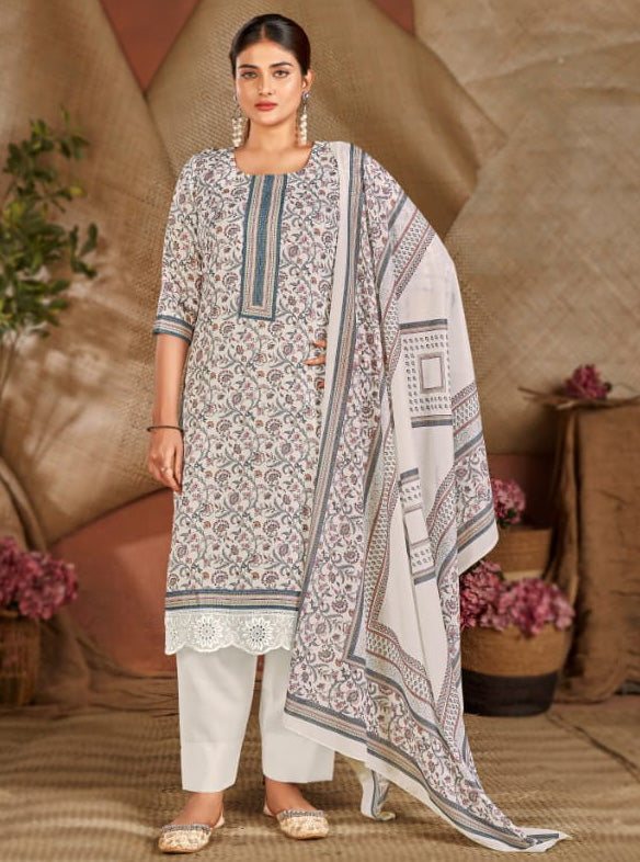 Rivaa White Pure Cotton Satin Unstitched Salwar Suit Material for Women