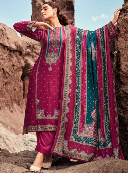 Pink Pashmina Unstitched Winter Suit Dress Material with Handwork