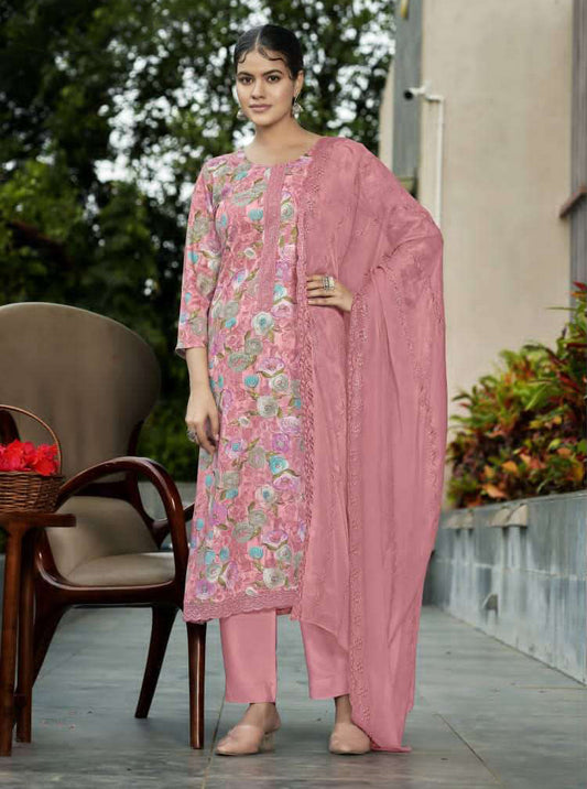 Rivaa Unstitched Pink Pashmina Winter Suits with Chiffon Dupatta Rivaa
