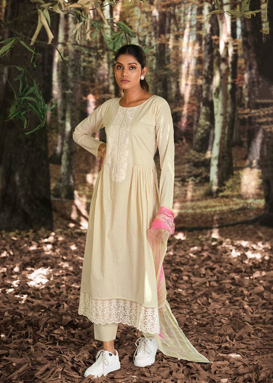 Ibiza Unstitched Women Lawn Cotton Cream Suit Set with Embroidery IBIZA