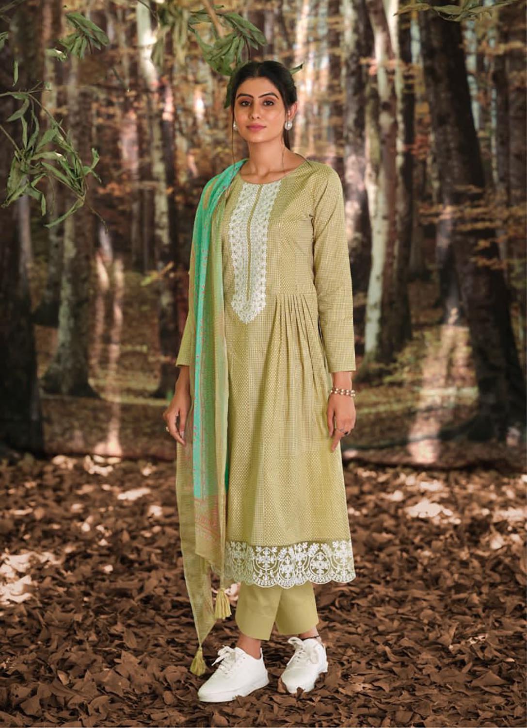 Ibiza Unstitched Women Cotton Olive Green Suit Set with Embroidery IBIZA