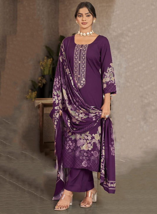 Purple Viscose Pashmina Unstitched Winter Suit Material with Neck Embroidery