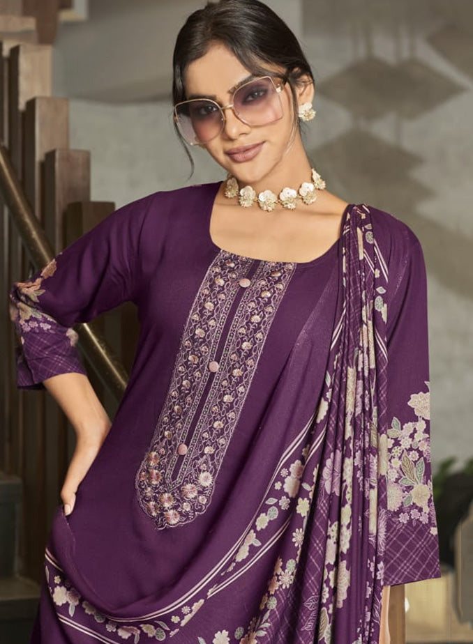 Purple Viscose Pashmina Unstitched Winter Suit Material with Neck Embroidery