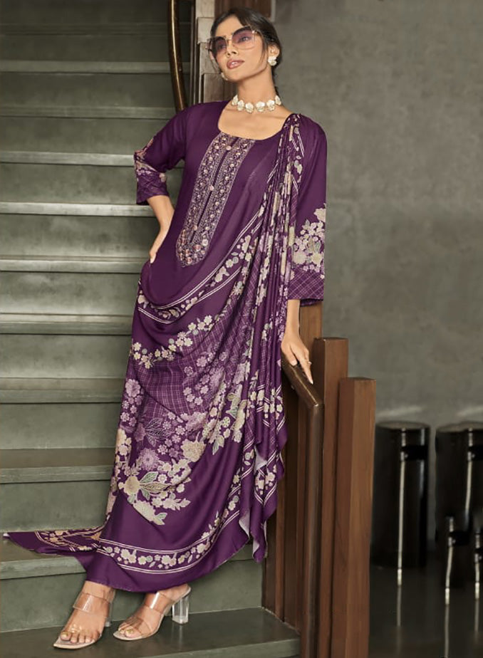 Purple Viscose Pashmina Unstitched Winter Suit Material with Neck Embroidery