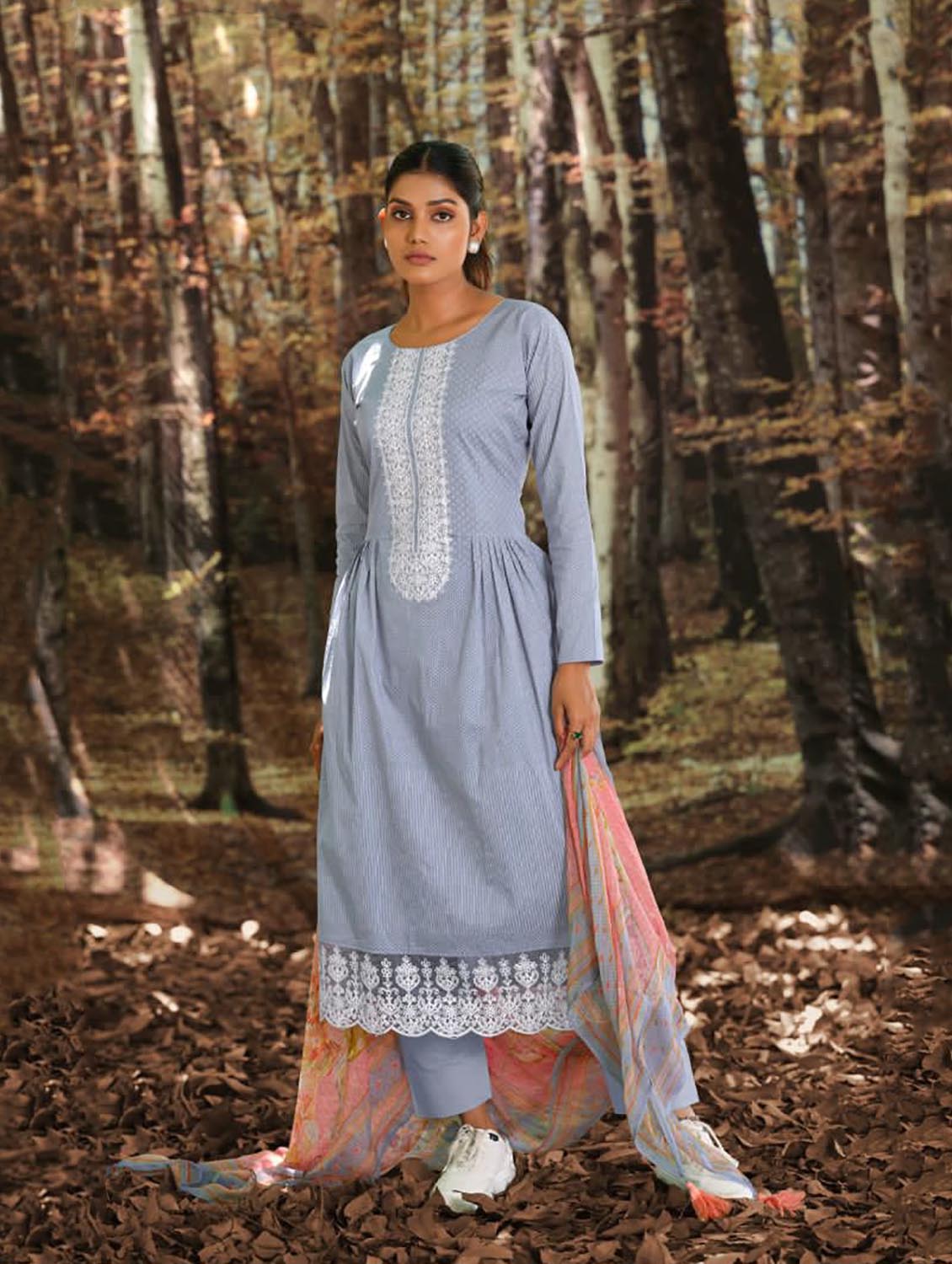 Ibiza Unstitched Women Lawn Cotton Blue Suit Set with Embroidery IBIZA