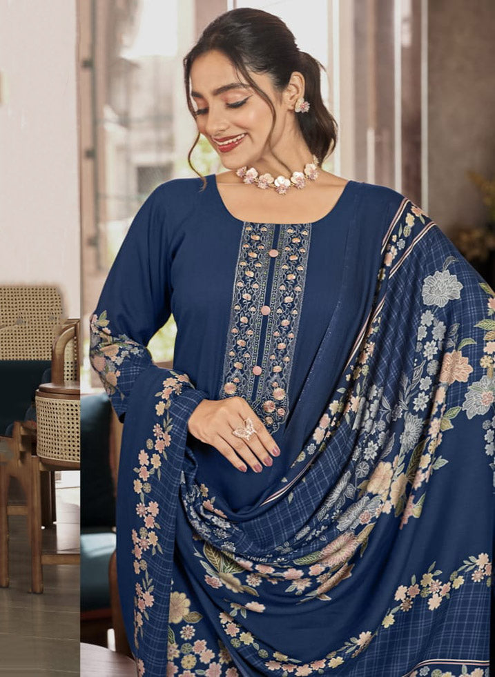 Viscose Pashmina Unstitched Winter Suit Material with Neck Embroidery