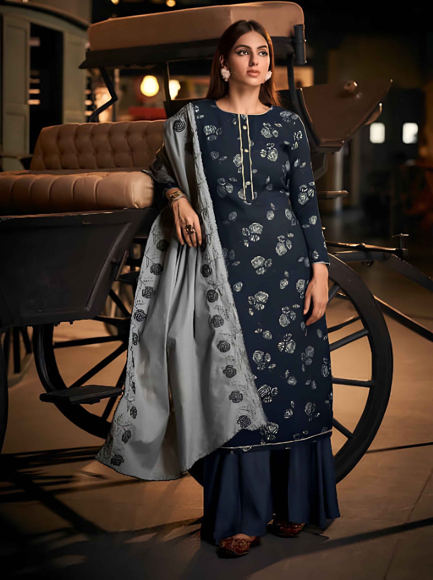 Women's Blue Unstitched Cotton Salwar Suit Material with Dupatta