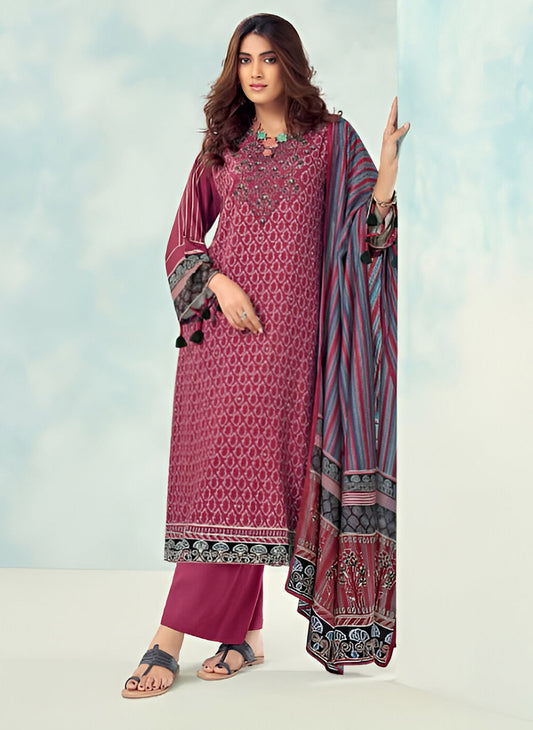 Red Muslin Silk Unstitched Salwar Suit Material for Women