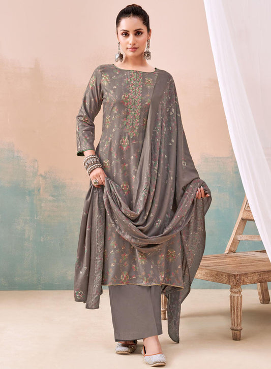 Grey Viscose Pashmina Unstitched Winter Salwar Suit Material for Women