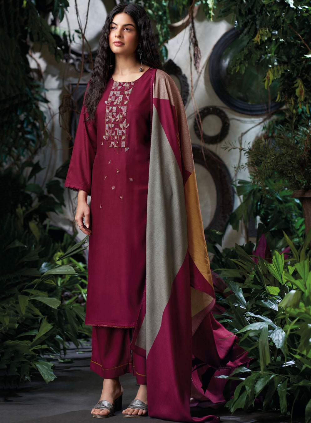 Ganga Pure Pashmina Unstitched Winter Suit Material with Embroidery