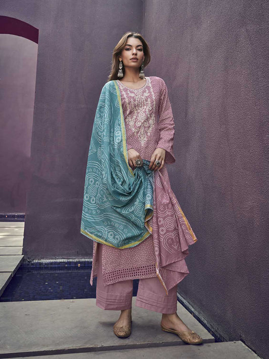 Mumtaz Arts Lawn Cambric Cotton Unstitched Women Suit Set Pink