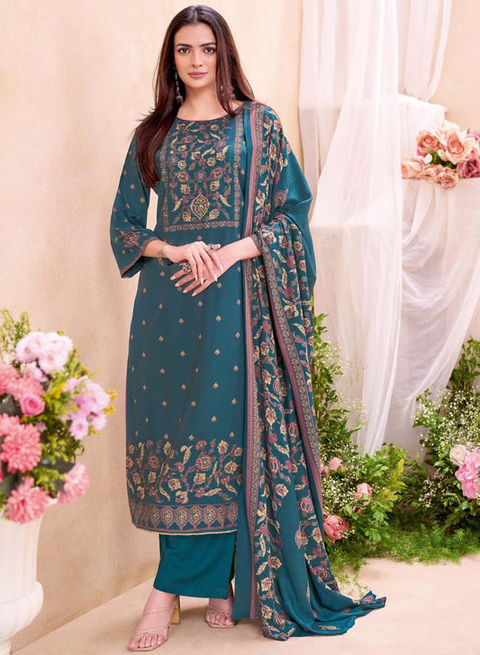 Teal Viscose Pashmina Unstitched Winter Salwar Suit Material for Women