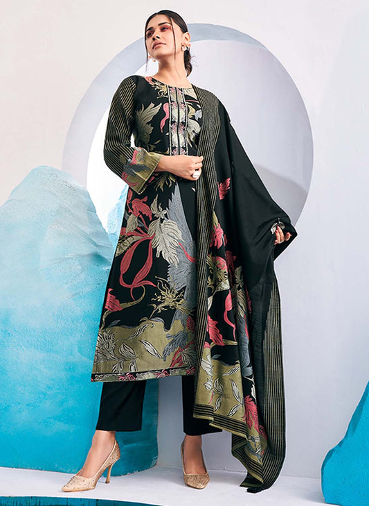 Mumtaz Arts Black Pure Muslin Unstitched Suit Dress Material for Women