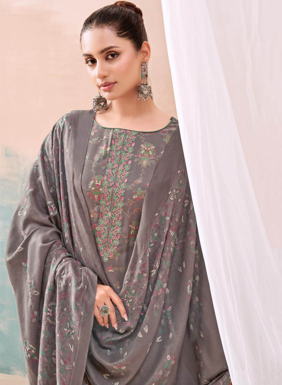 Grey Viscose Pashmina Unstitched Winter Salwar Suit Material for Women