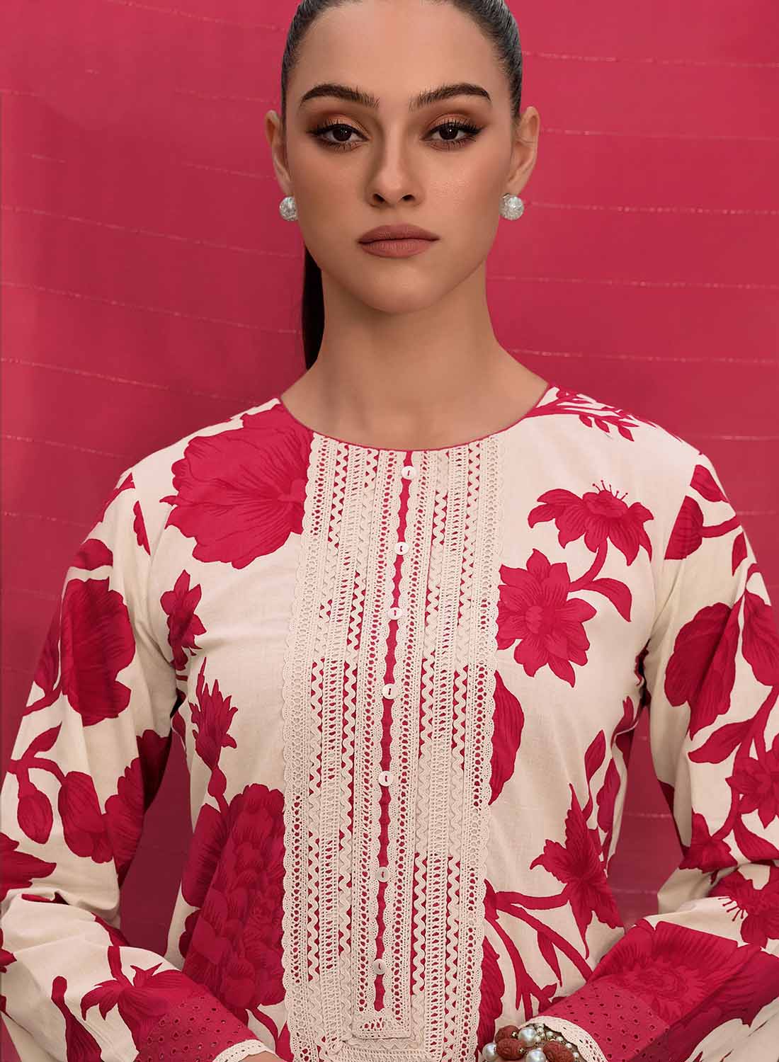 Varsha Red Unstitched Pure Cotton Suit Material with Embroidery Lace