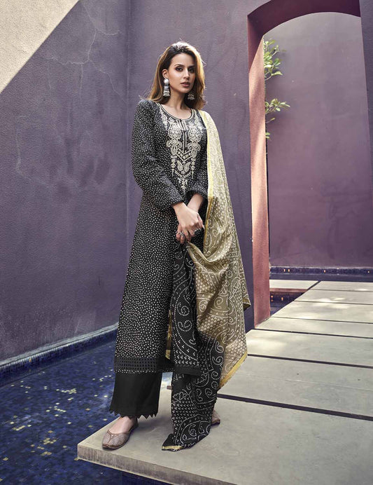 Mumtaz Arts Lawn Cambric Cotton Unstitched Women Suit Set Black