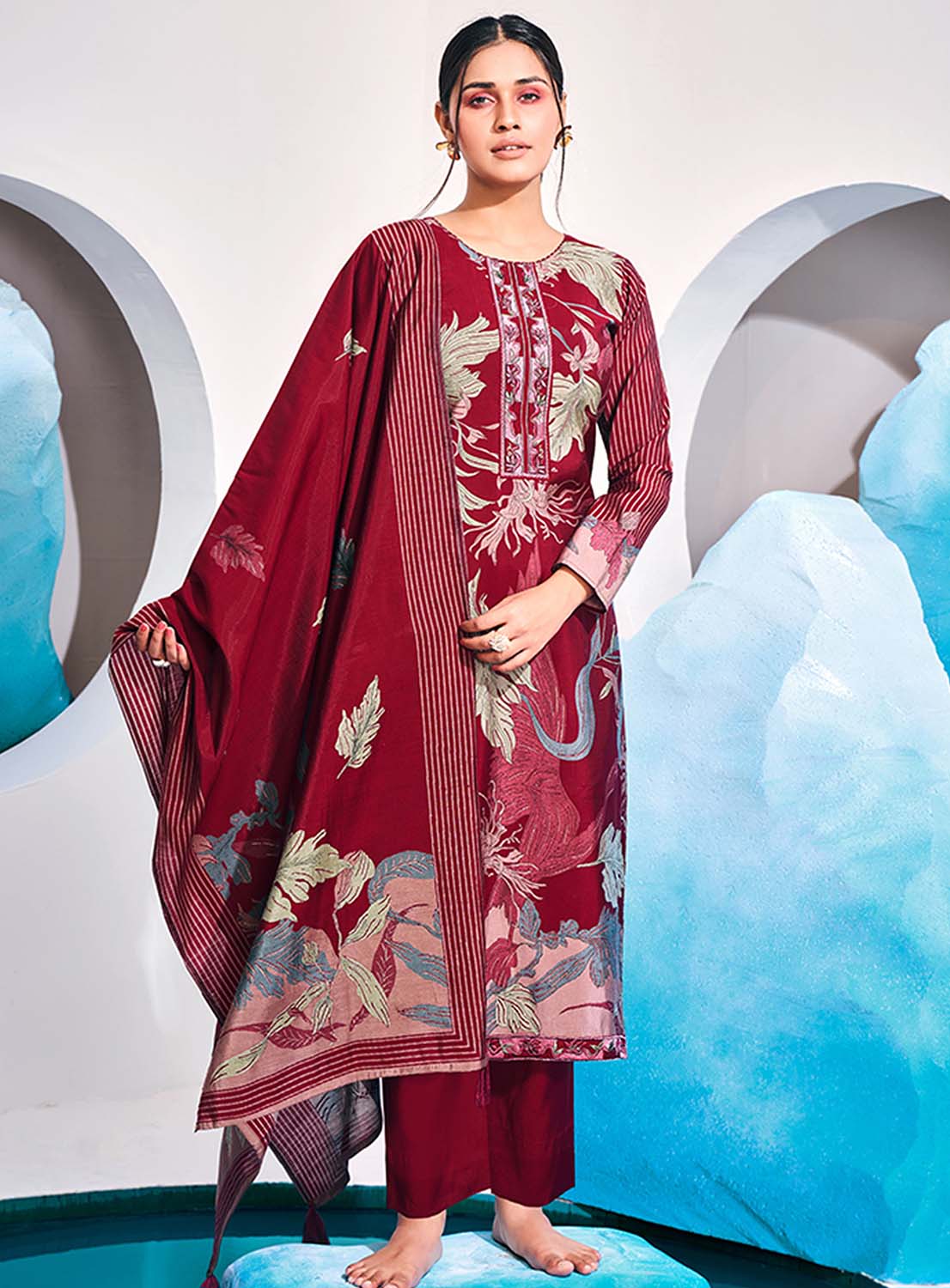 Mumtaz Arts Maroon Pure Muslin Unstitched Suit Dress Material for Women Mumtaz Arts