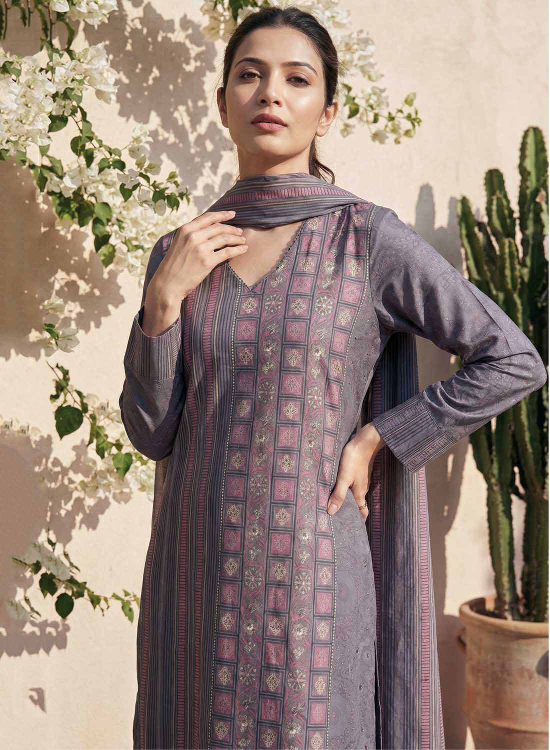 Ethnic Pure Cotton Grey Unstitched Salwar Suit Material for Women