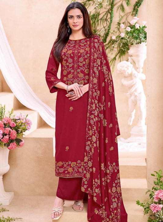 Maroon Viscose Pashmina Unstitched Winter Salwar Suit Material for Women