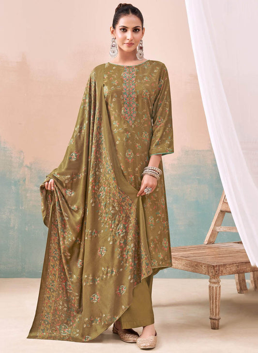 Green Viscose Pashmina Unstitched Winter Salwar Suit Material for Women