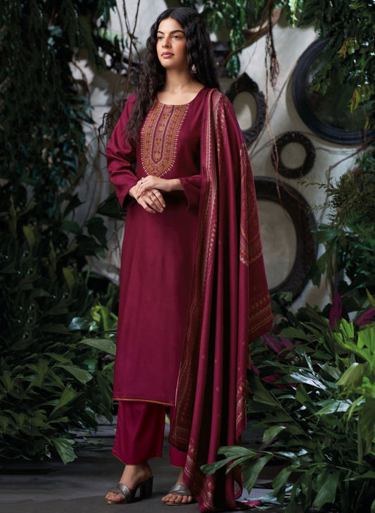 Ganga Pure Pashmina Unstitched Winter Suit Set Material with Embroidery