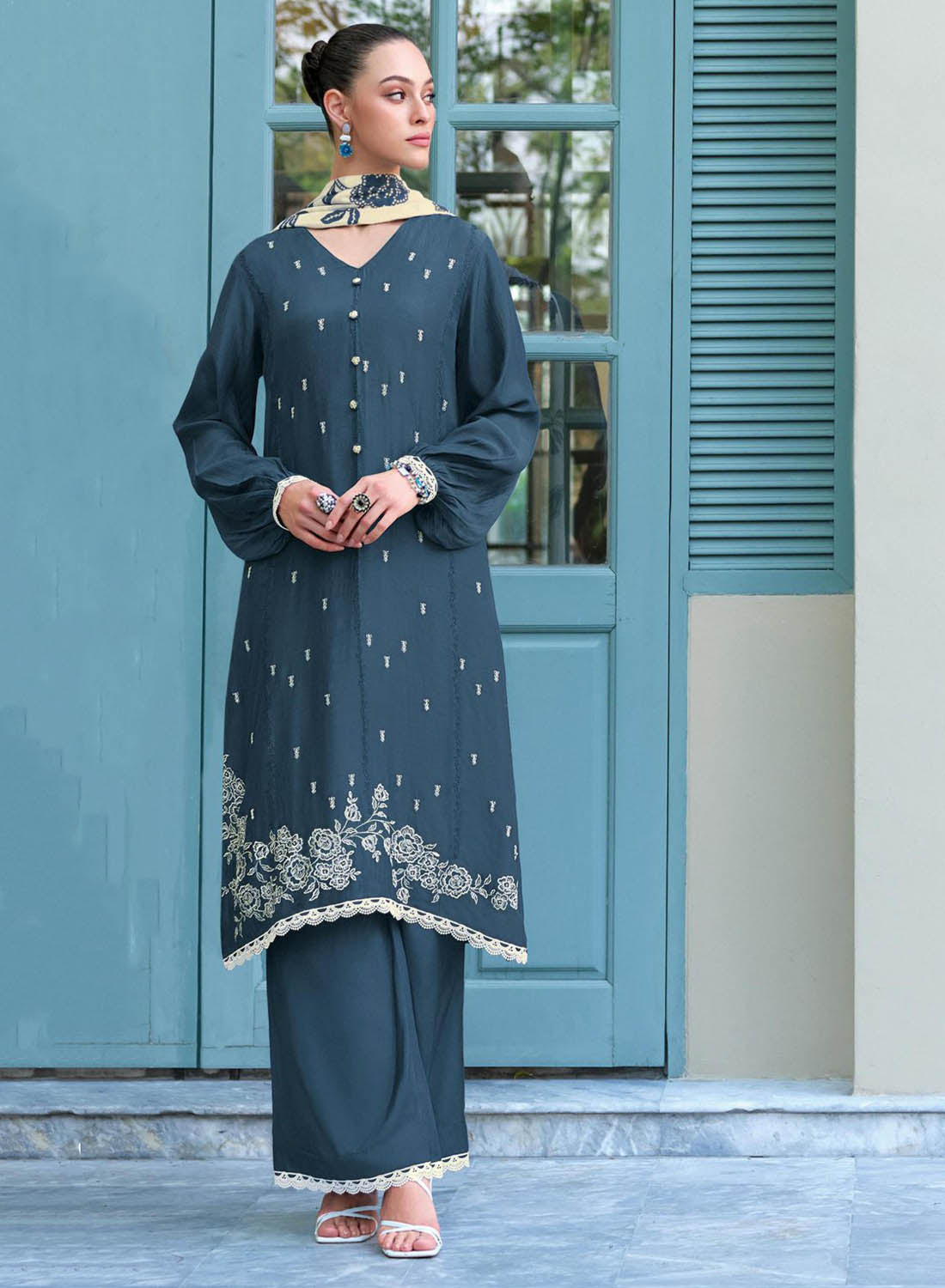 Varsha Blue Unstitched Cotton Salwar Suit Material with Embroidery