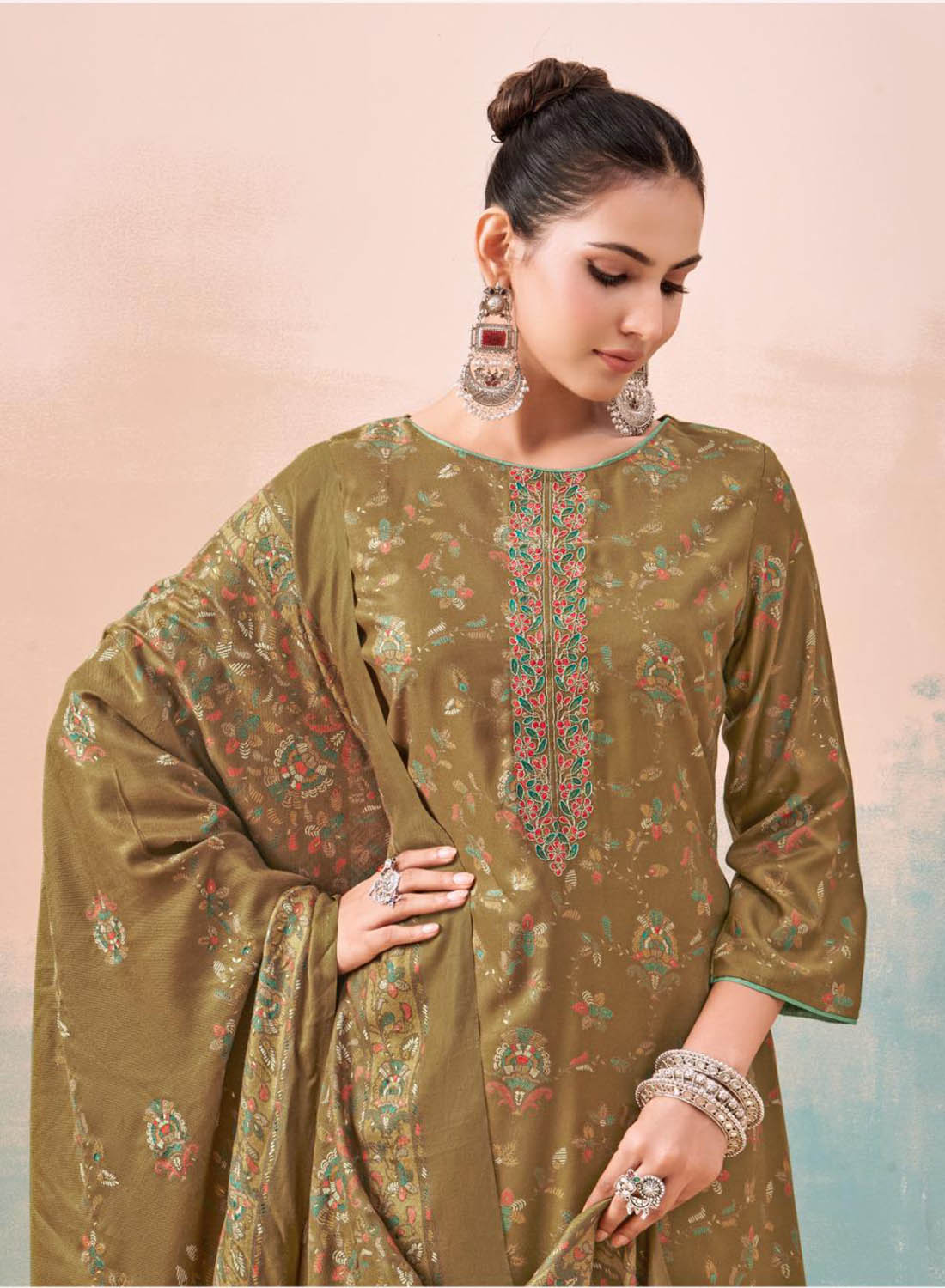 Green Viscose Pashmina Unstitched Winter Salwar Suit Material for Women