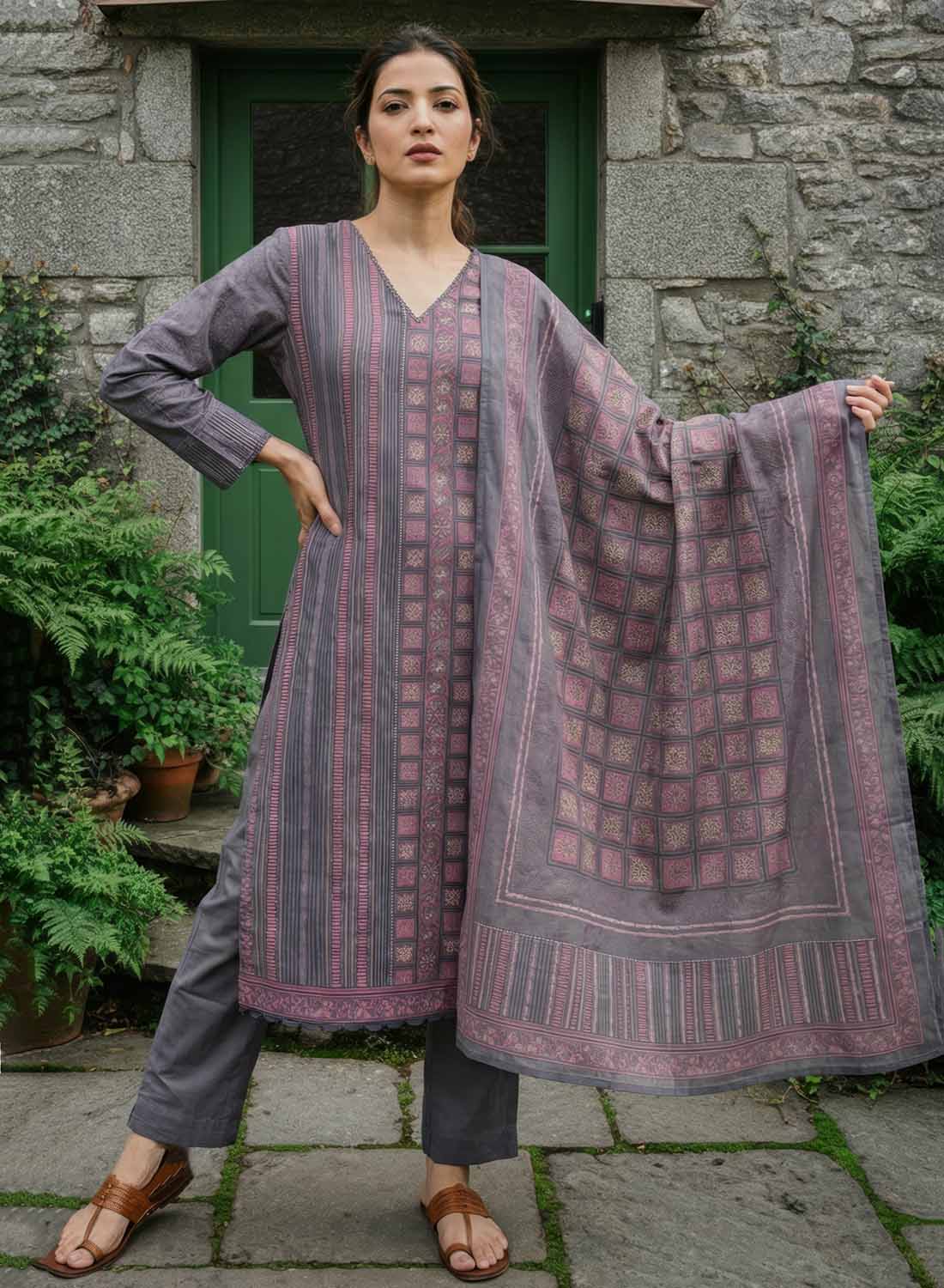 Ethnic Pure Cotton Grey Unstitched Salwar Suit Material for Women