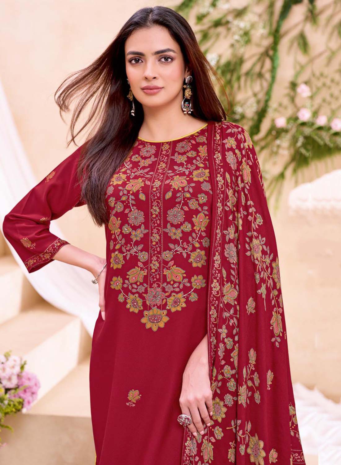 Maroon Viscose Pashmina Unstitched Winter Salwar Suit Material for Women