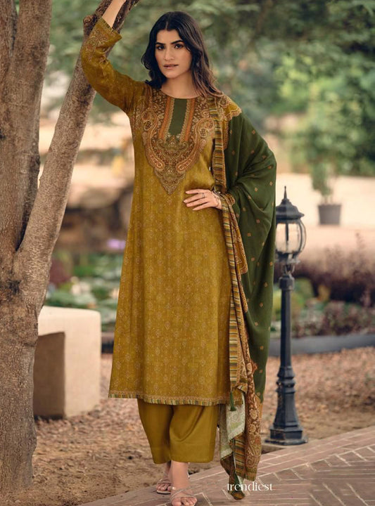 Mustard Green Pashmina Unstitched Winter Salwar Suit Fabric Material