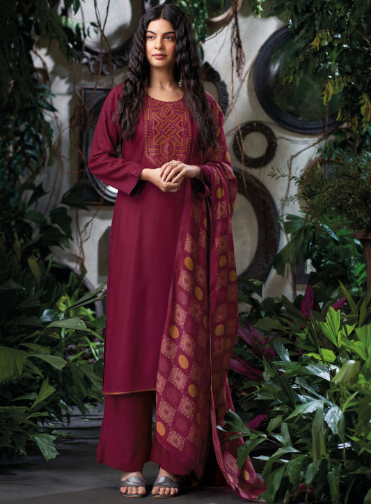 Ganga Pink Pashmina Unstitched Winter Suit Set Material with Embroidery