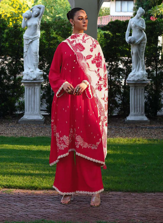 Varsha Red Unstitched Cotton Suit Material with Embroidery and Lace