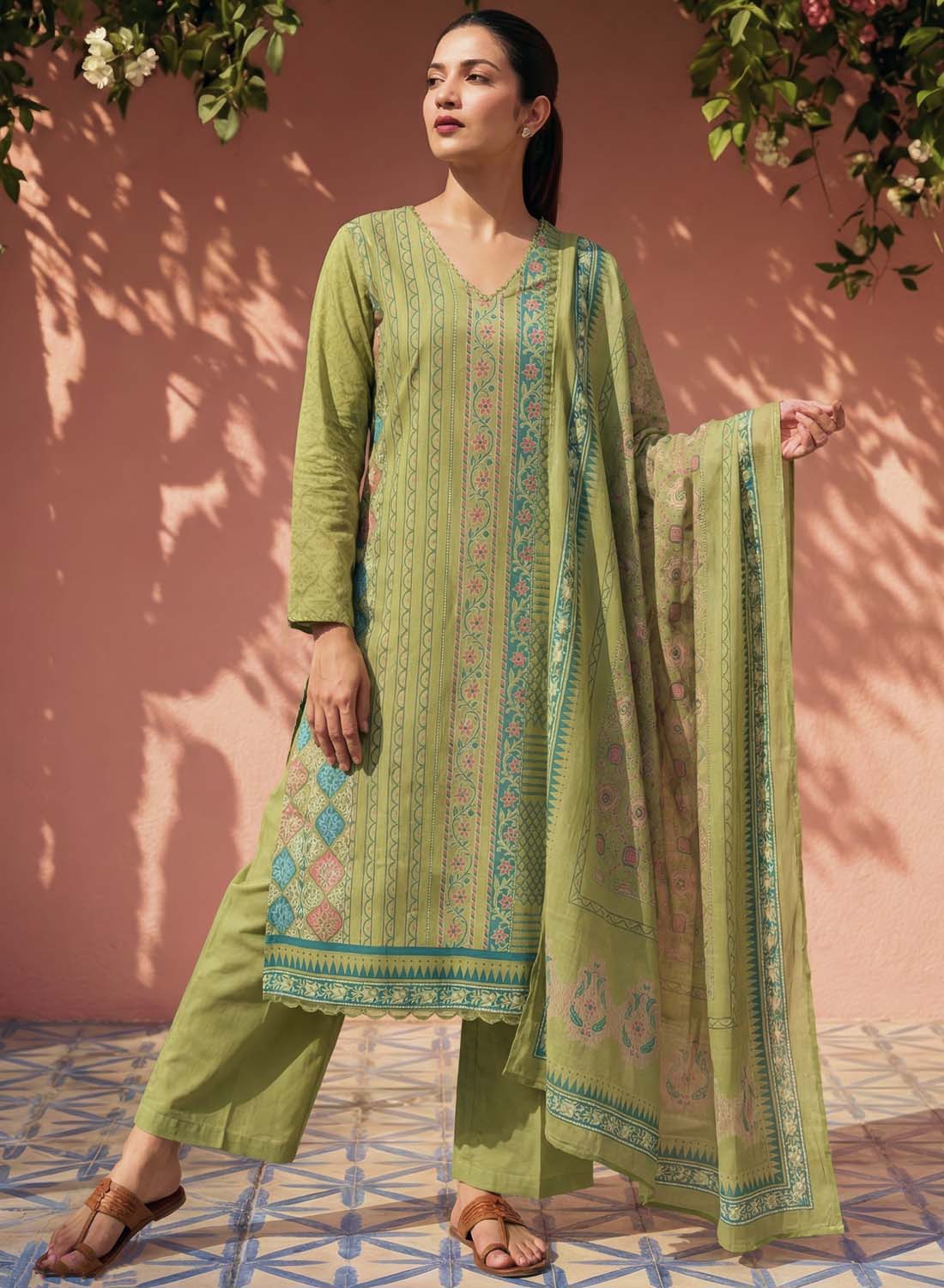 Soft Pure Cotton Green Unstitched Salwar Suit Material for Women