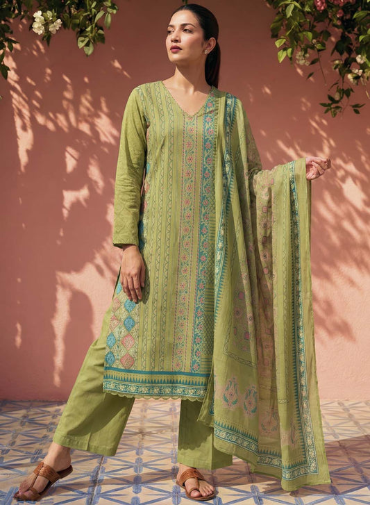 Soft Pure Cotton Green Unstitched Salwar Suit Material for Women