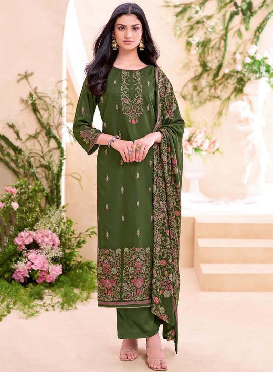 Green Viscose Pashmina Unstitched Winter Salwar Suit Material for Women