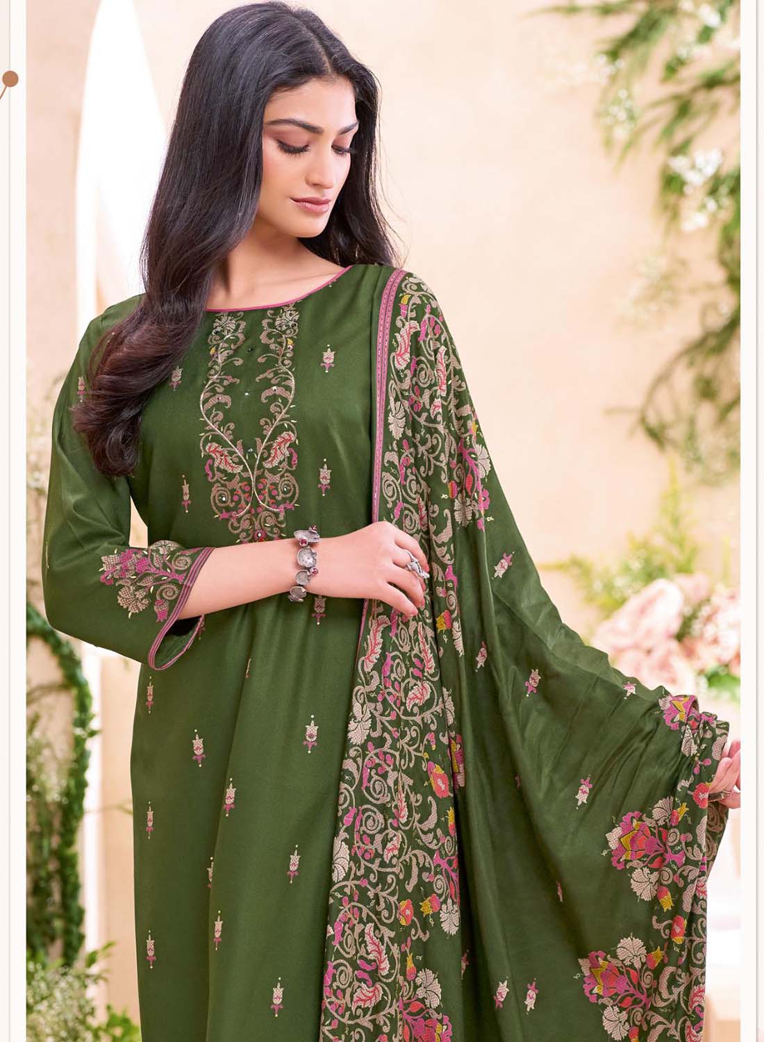 Green Viscose Pashmina Unstitched Winter Salwar Suit Material for Women