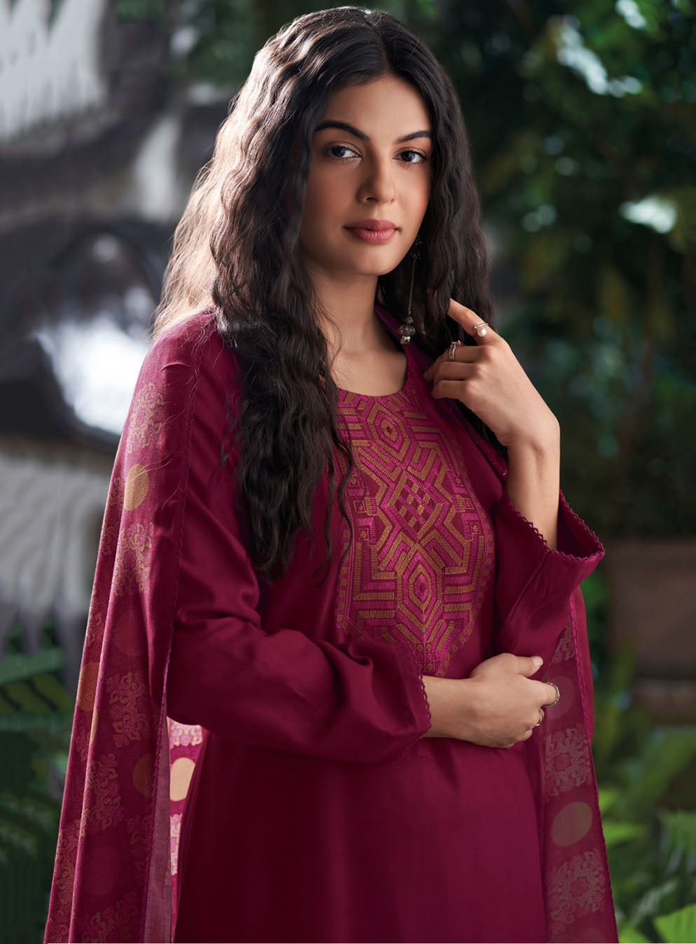 Ganga Pink Pashmina Unstitched Winter Suit Set Material with Embroidery