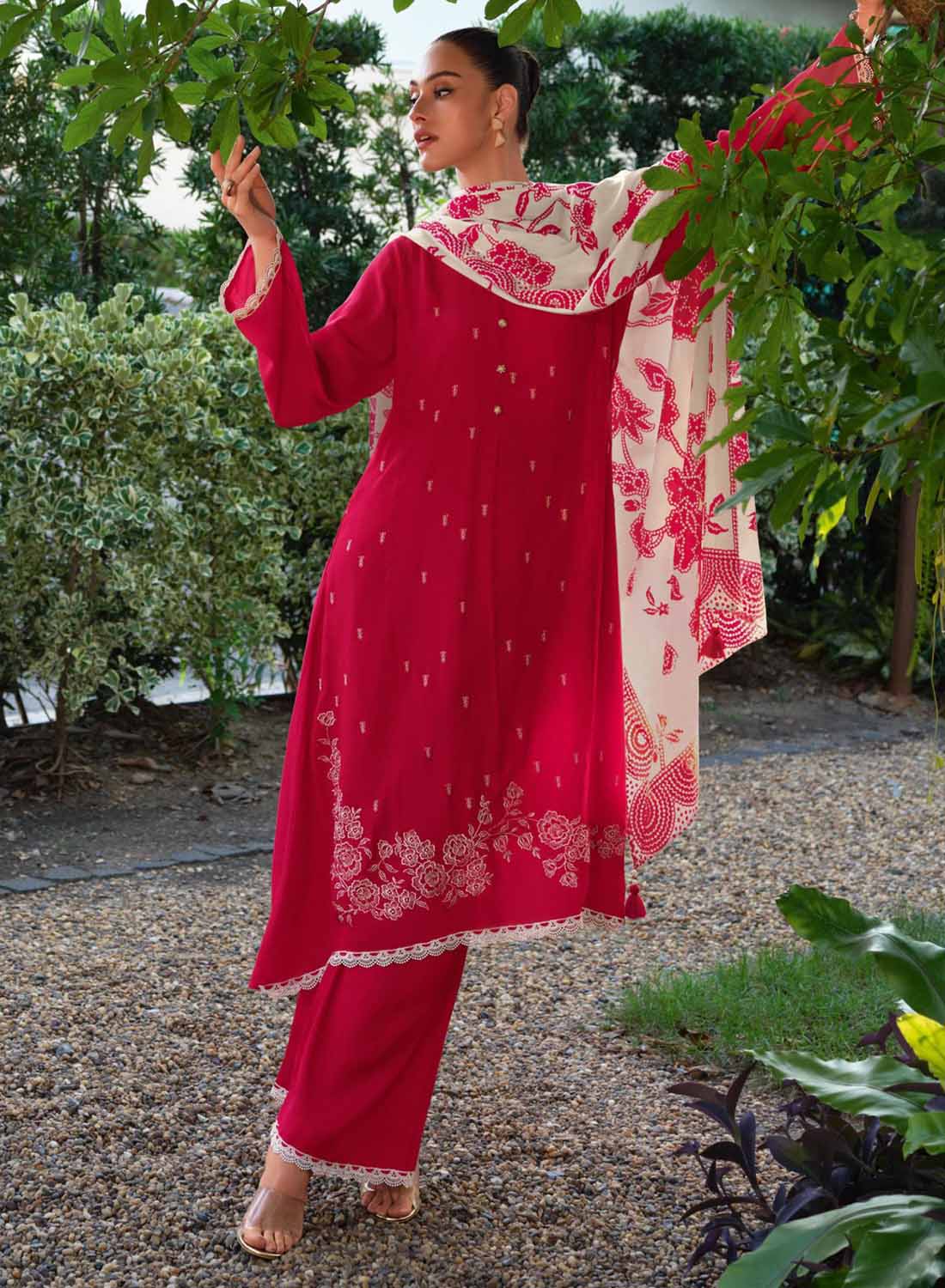 Varsha Red Unstitched Cotton Suit Material with Embroidery and Lace
