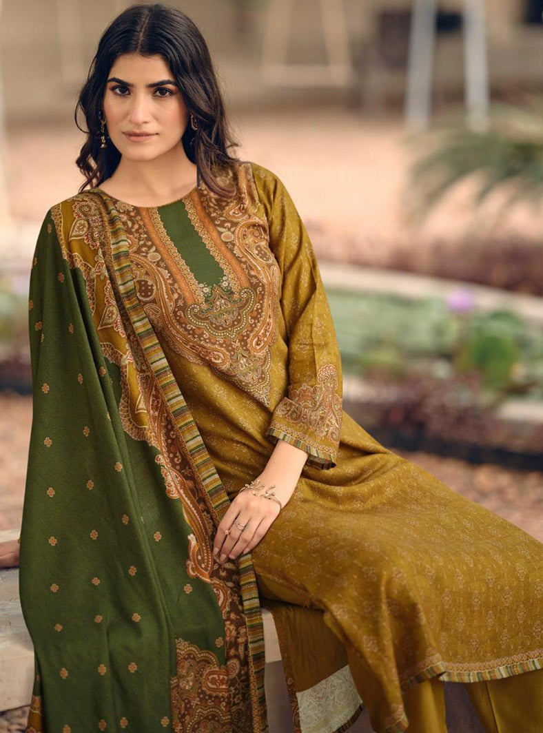 Mustard Green Pashmina Unstitched Winter Salwar Suit Fabric Material