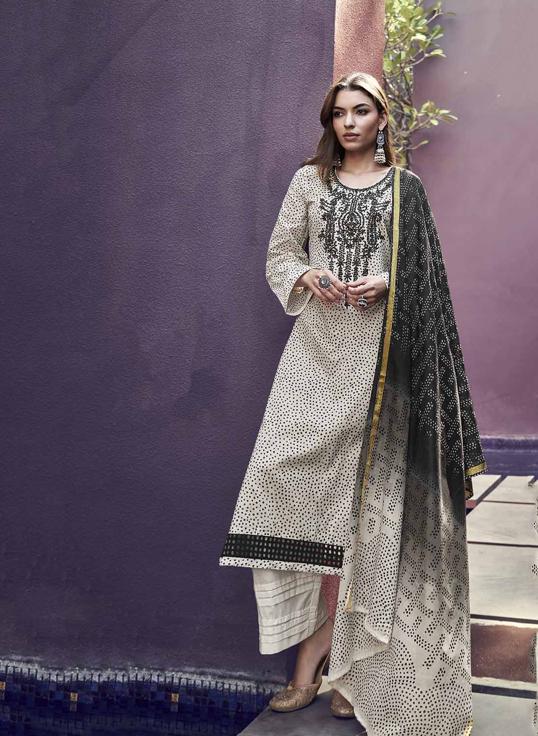 Mumtaz Arts Lawn Cambric Cotton Unstitched Women Suit Set Off-White Mumtaz Arts