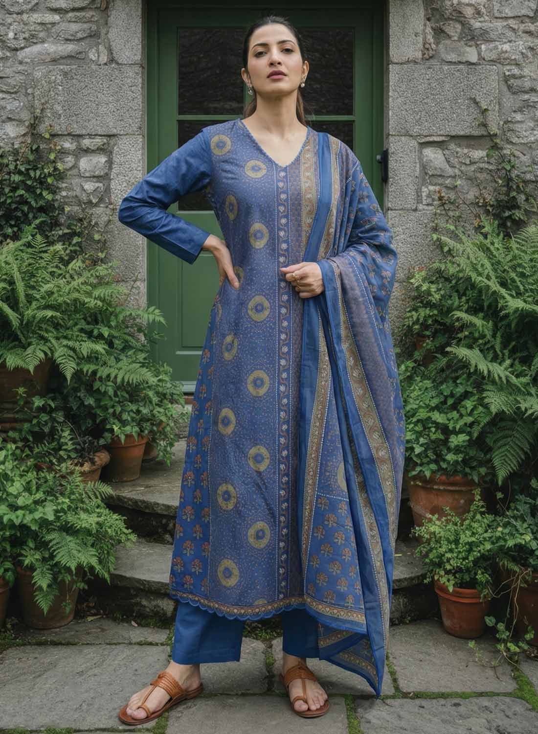 Soft Pure Cotton Blue Unstitched Salwar Suit Material for Women