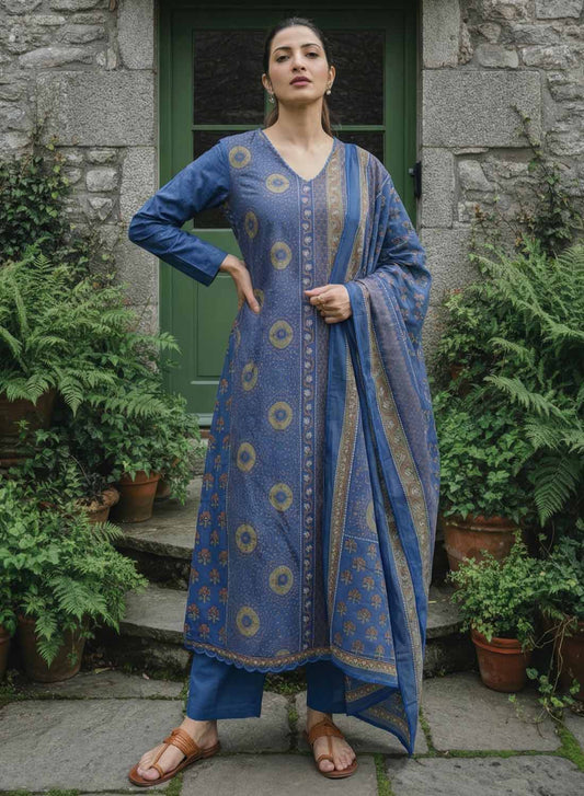 Soft Pure Cotton Blue Unstitched Salwar Suit Material for Women