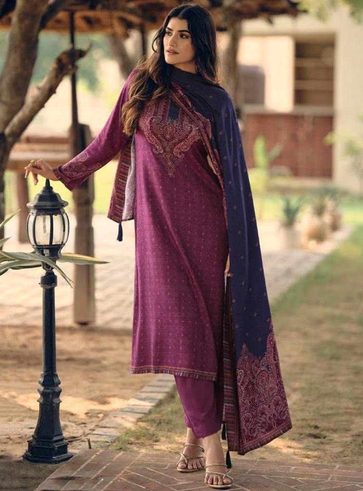 Purple Pashmina Unstitched Winter Salwar Suit Fabric Dress Material