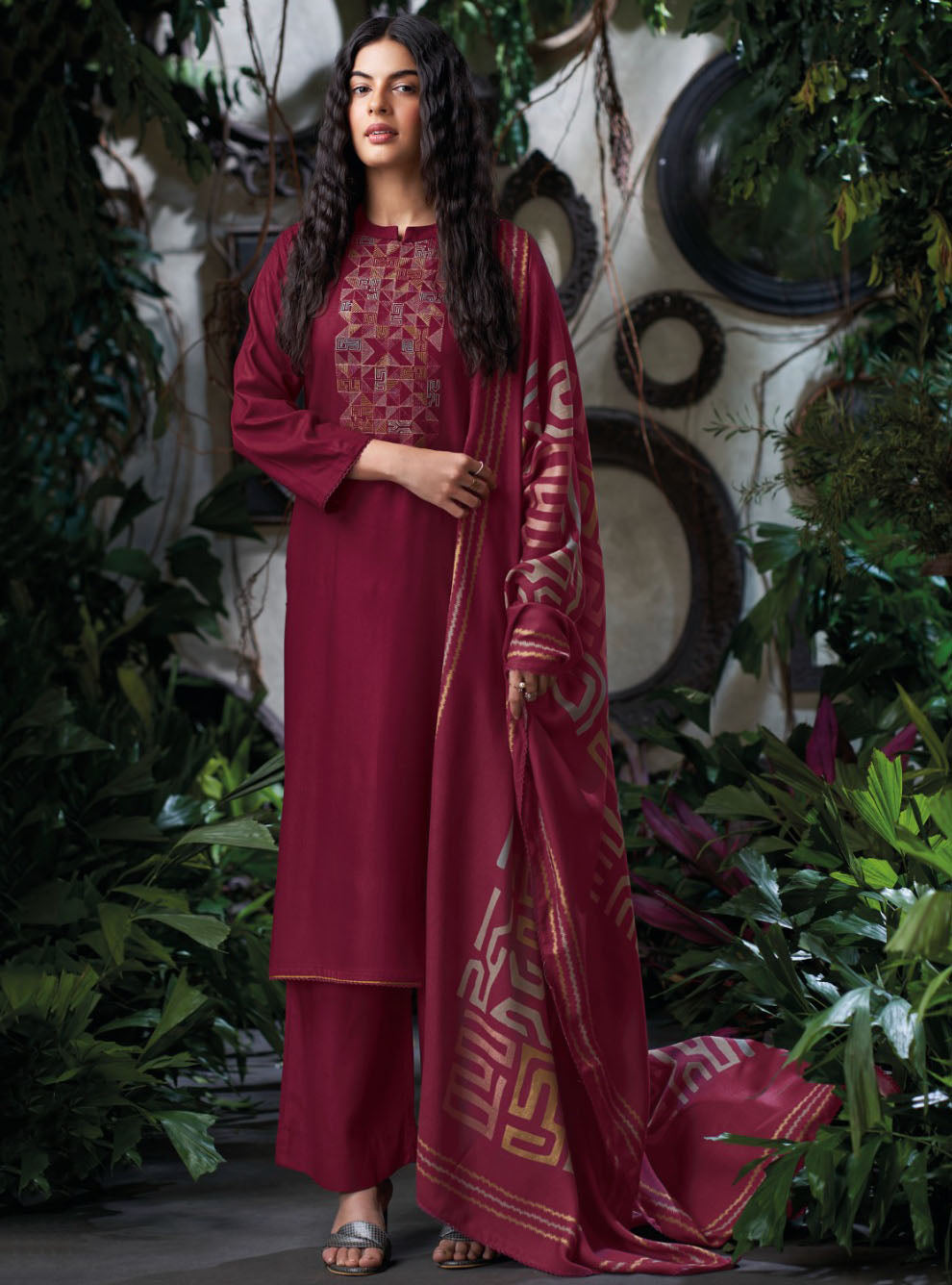 Ganga Pink Pashmina Unstitched Winter Suit Dress Material with Embroidery