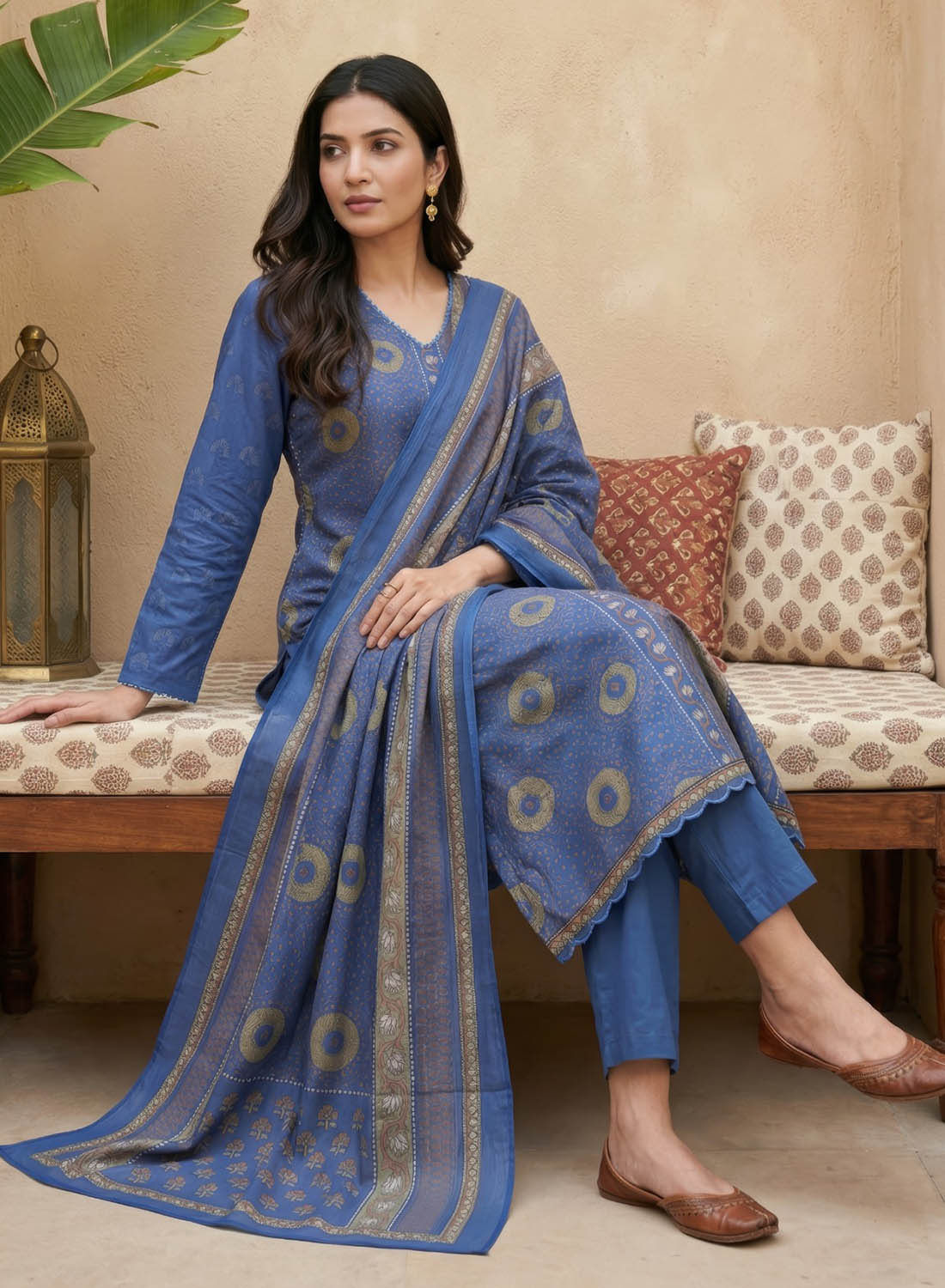 Soft Pure Cotton Blue Unstitched Salwar Suit Material for Women