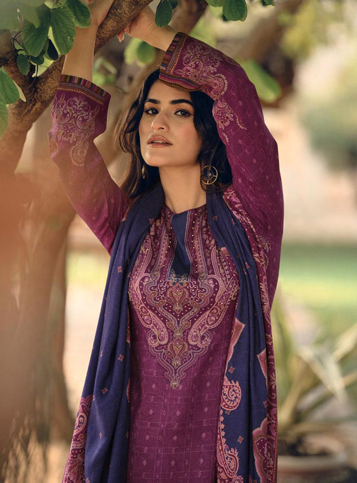 Purple Pashmina Unstitched Winter Salwar Suit Fabric Dress Material