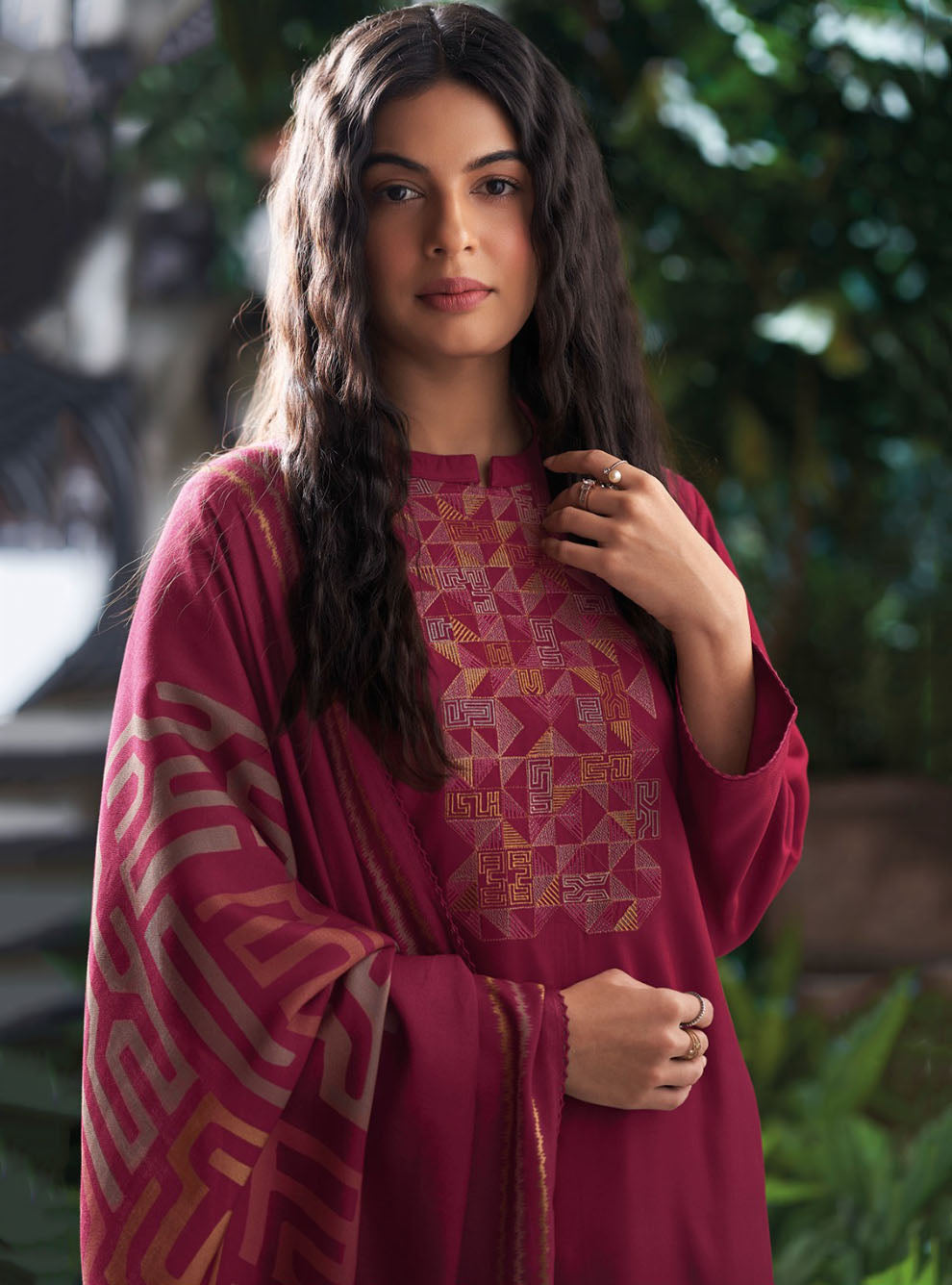 Ganga Pink Pashmina Unstitched Winter Suit Dress Material with Embroidery